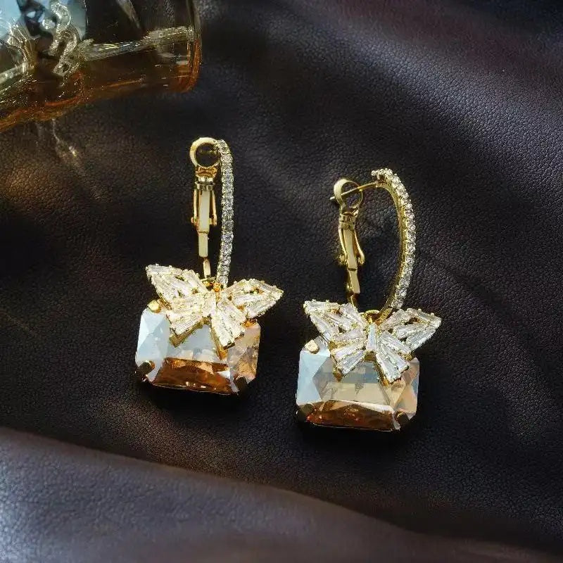 Crystal Diamond Butterfly Square French Hoop Earrings