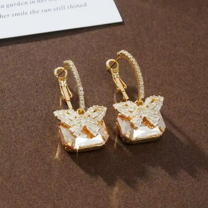 Crystal Diamond Butterfly Square French Hoop Earrings