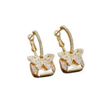 Crystal Diamond Butterfly Square French Hoop Earrings