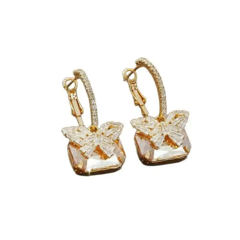 Crystal Diamond Butterfly Square French Hoop Earrings