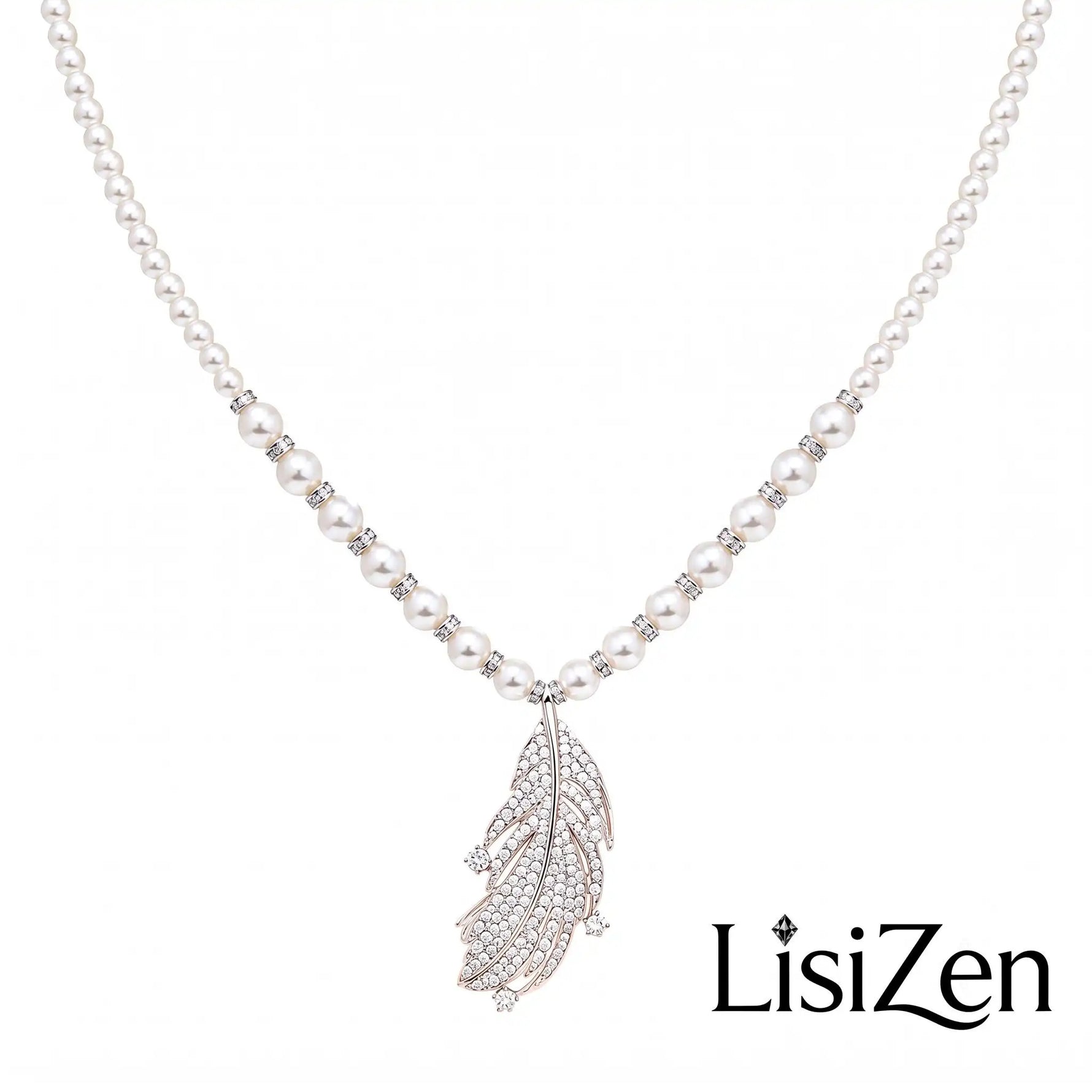 Crystal Feather Pearl Pendant Necklace