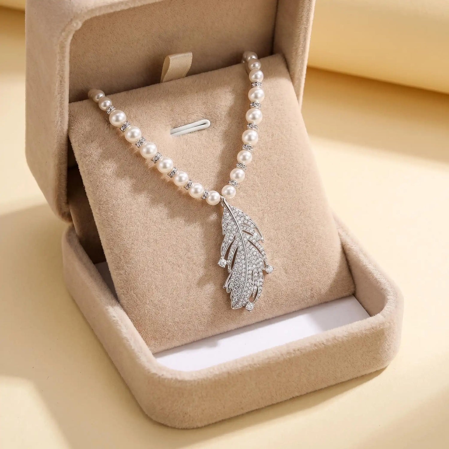 Crystal Feather Pearl Pendant Necklace