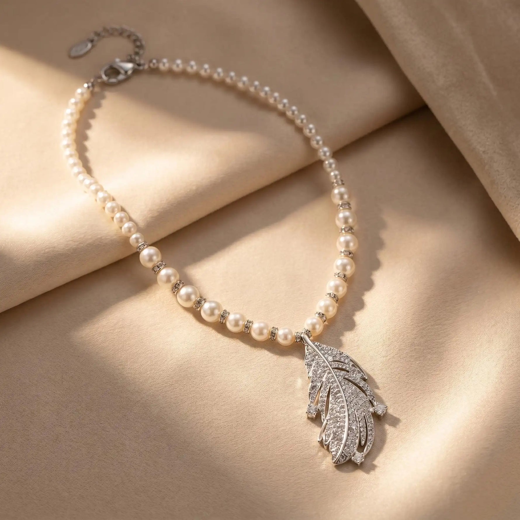 Crystal Feather Pearl Pendant Necklace