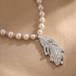 Crystal Feather Pearl Pendant Necklace