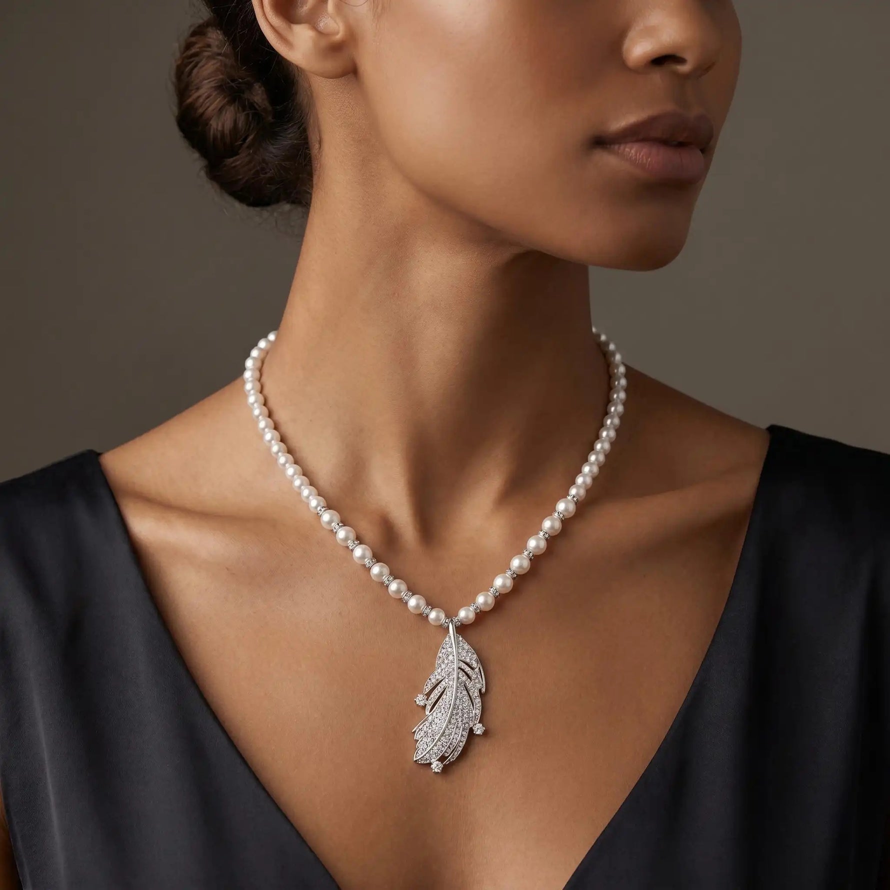 Crystal Feather Pearl Pendant Necklace