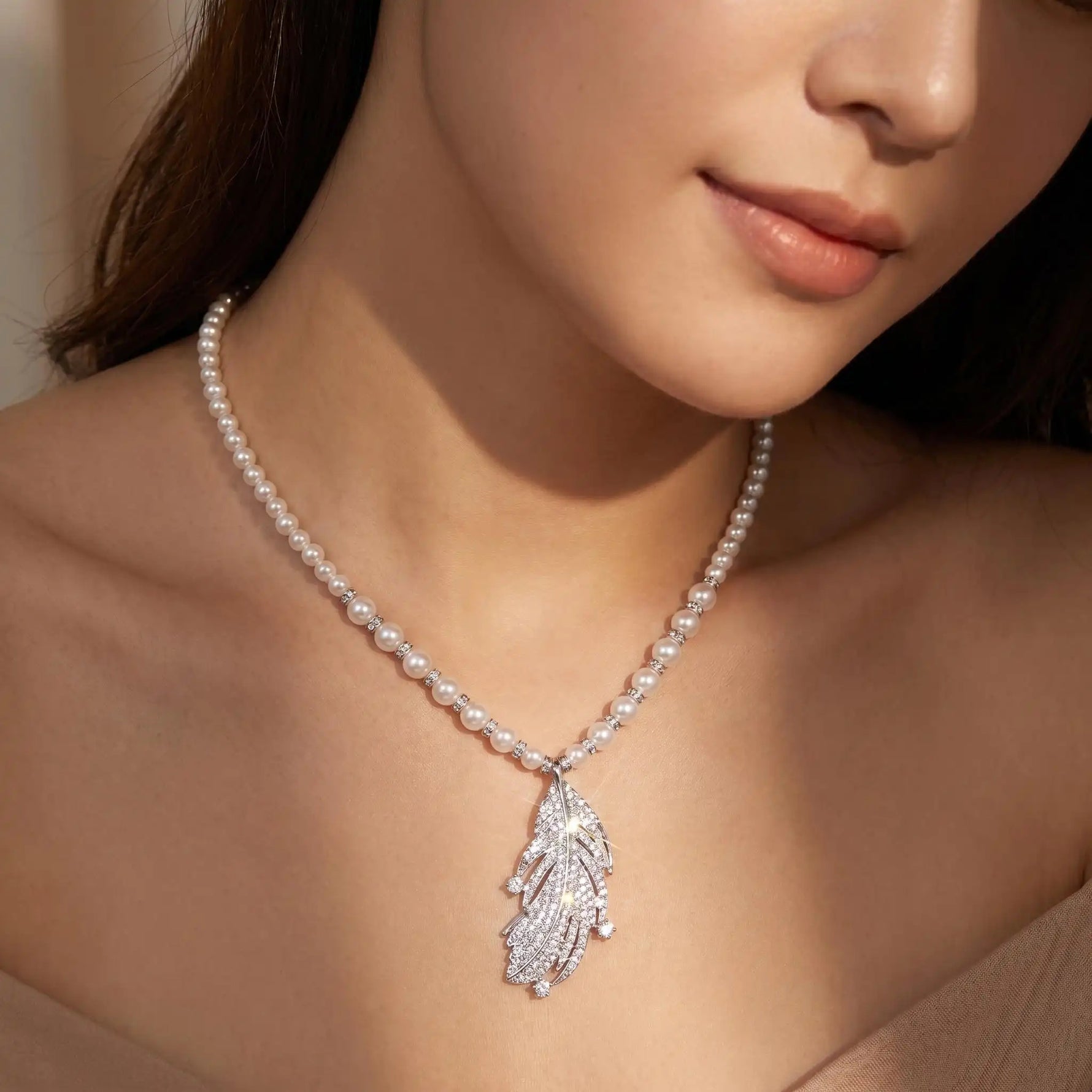 Crystal Feather Pearl Pendant Necklace