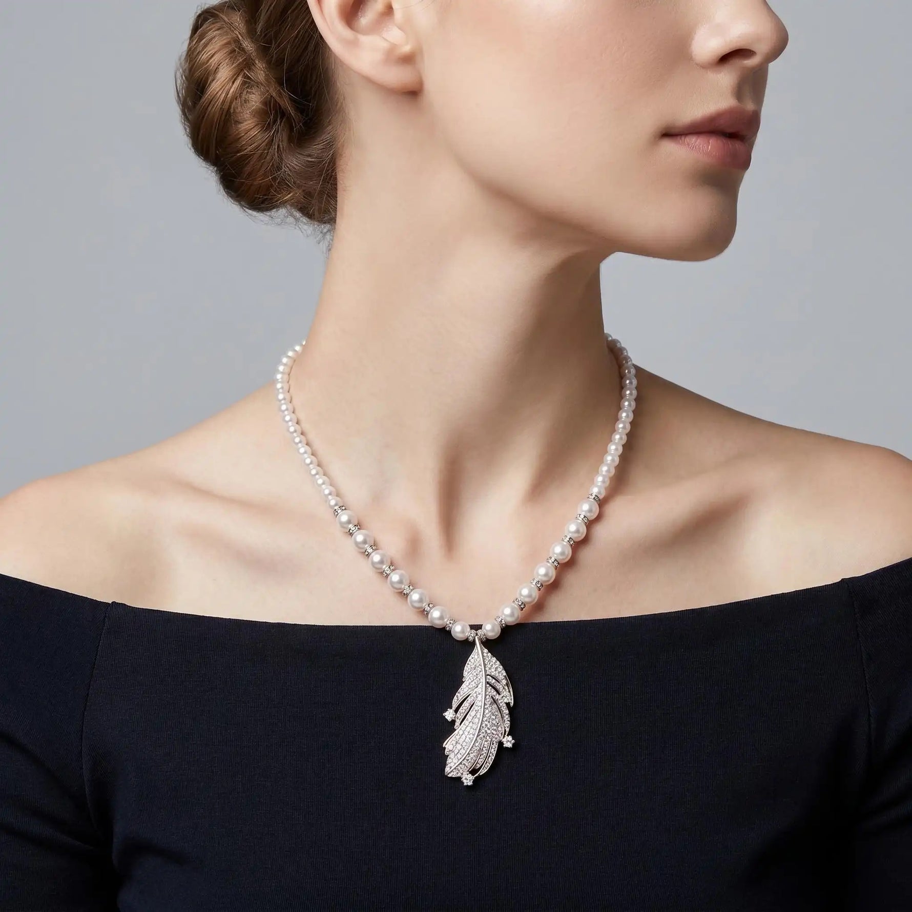 Crystal Feather Pearl Pendant Necklace