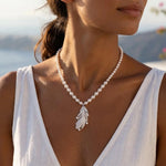 Crystal Feather Pearl Pendant Necklace