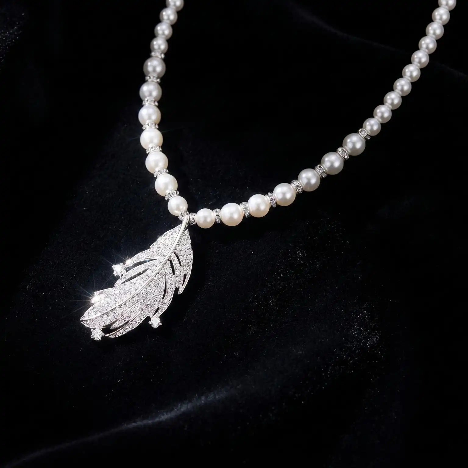 Crystal Feather Pearl Pendant Necklace