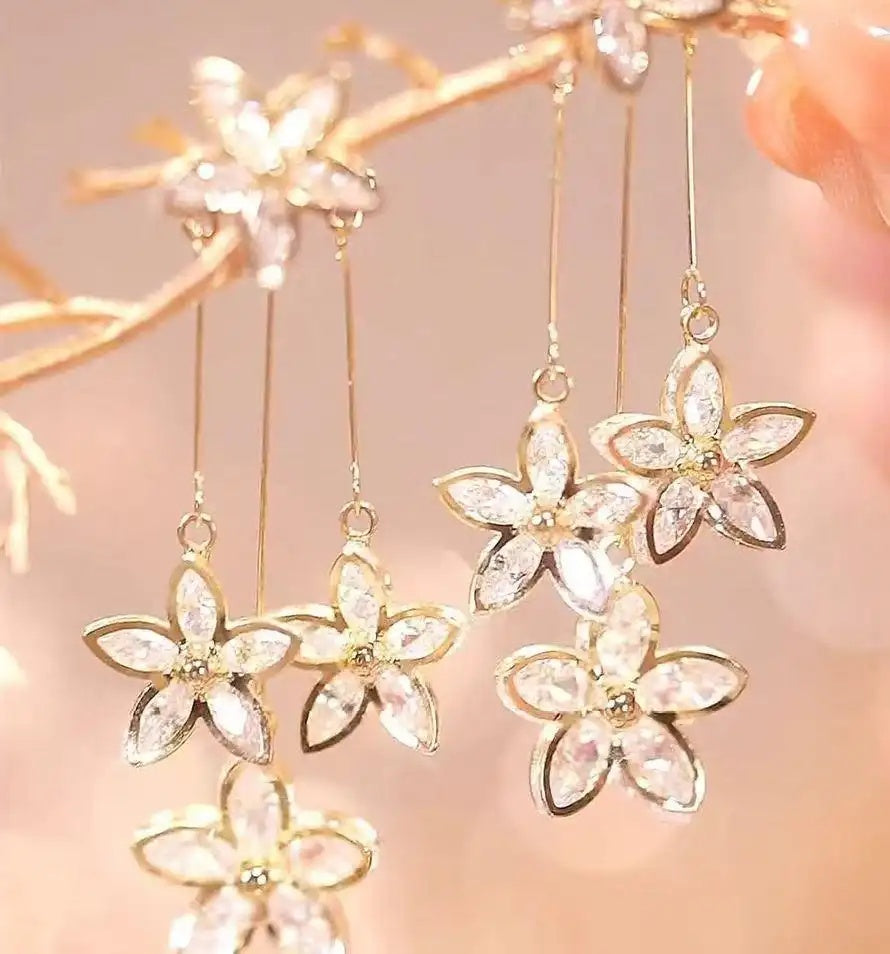 Crystal Flower 2-In-1 Tassel Drop Earrings