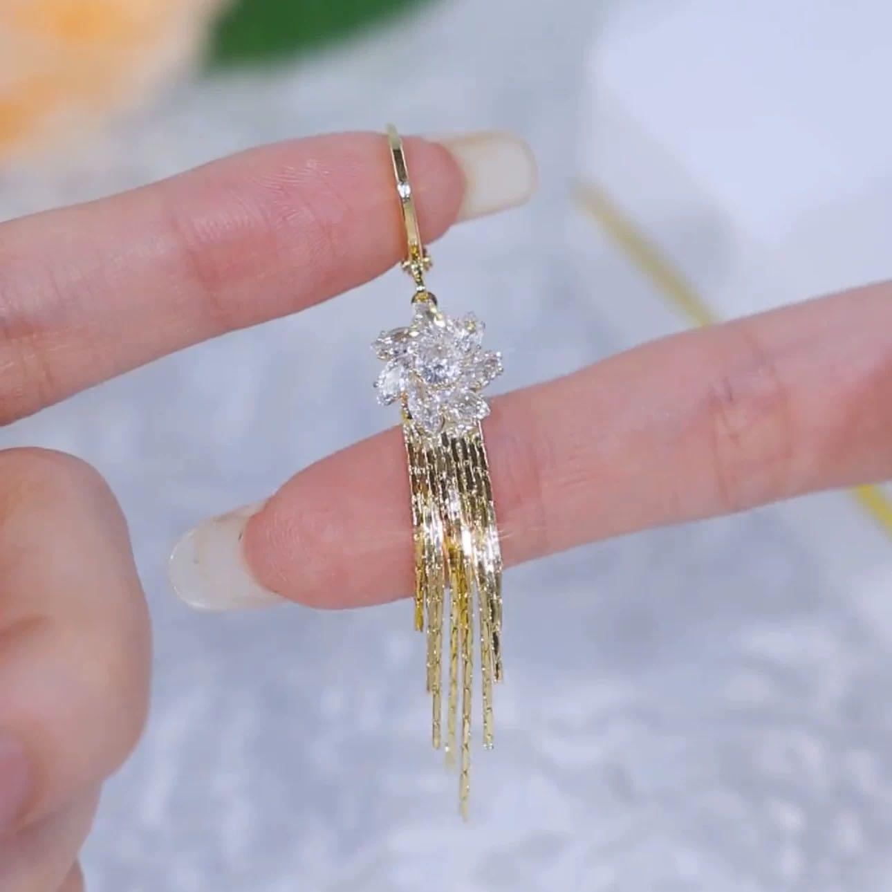 Crystal Flower Long Tassel Drop Earrings