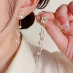 Crystal Flower Pearl Tassel Drop Earrings