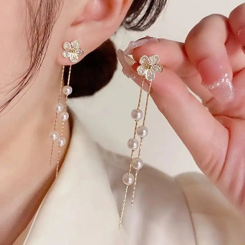 Crystal Flower Pearl Tassel Drop Earrings