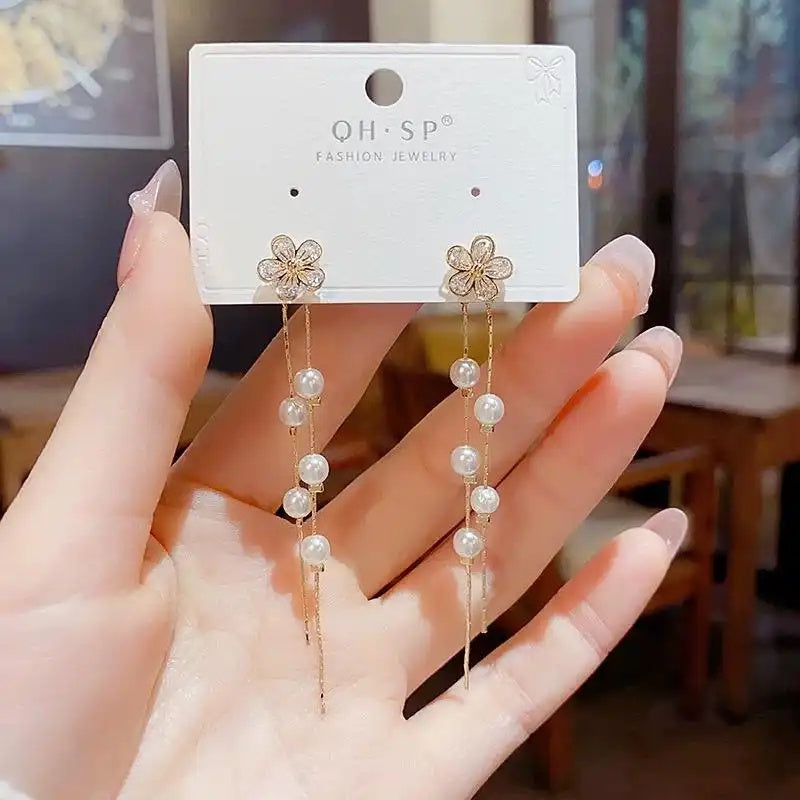 Crystal Flower Pearl Tassel Drop Earrings