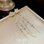 Crystal Flower Pearl Tassel Drop Earrings
