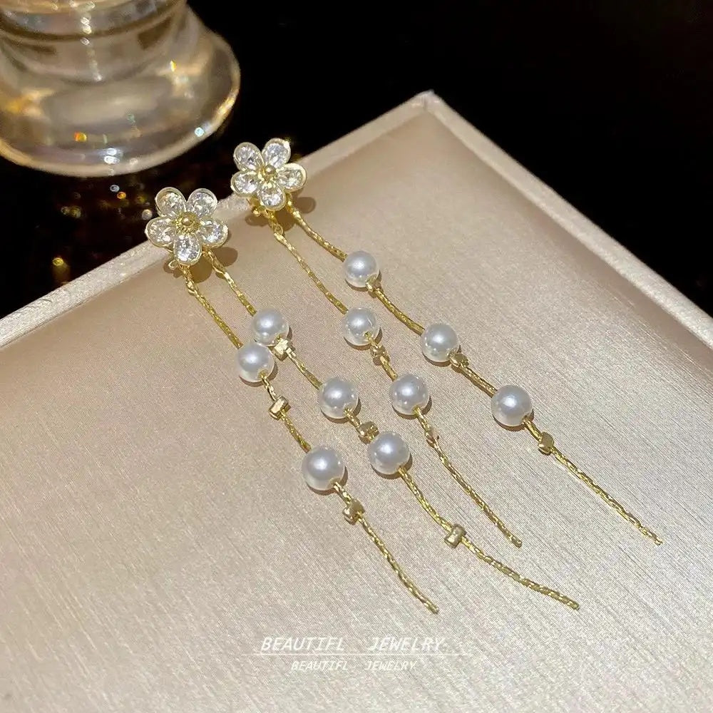 Crystal Flower Pearl Tassel Drop Earrings