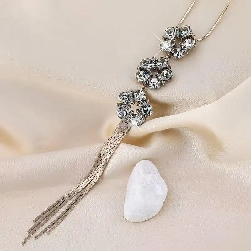 Crystal Flower Tassel Long Necklace