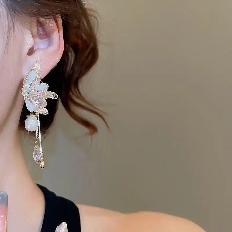 Crystal Freshwater Butterfly Wing Tassel Drop Earrings