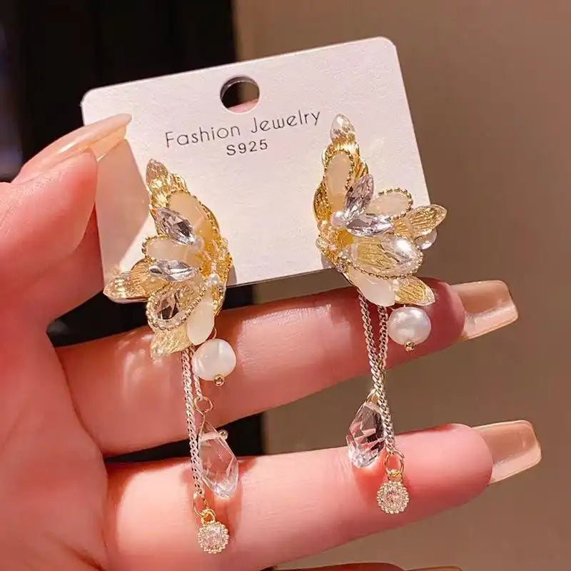 Crystal Freshwater Butterfly Wing Tassel Drop Earrings