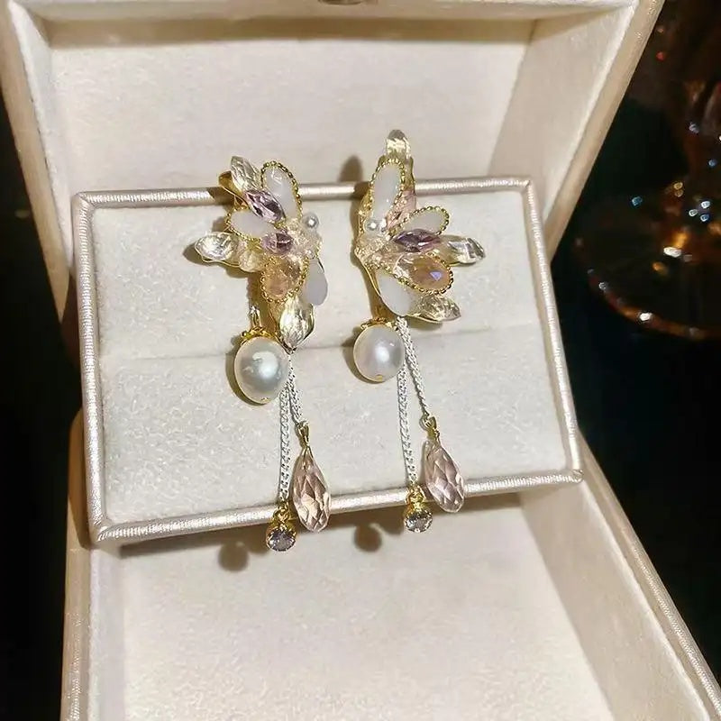 Crystal Freshwater Butterfly Wing Tassel Drop Earrings