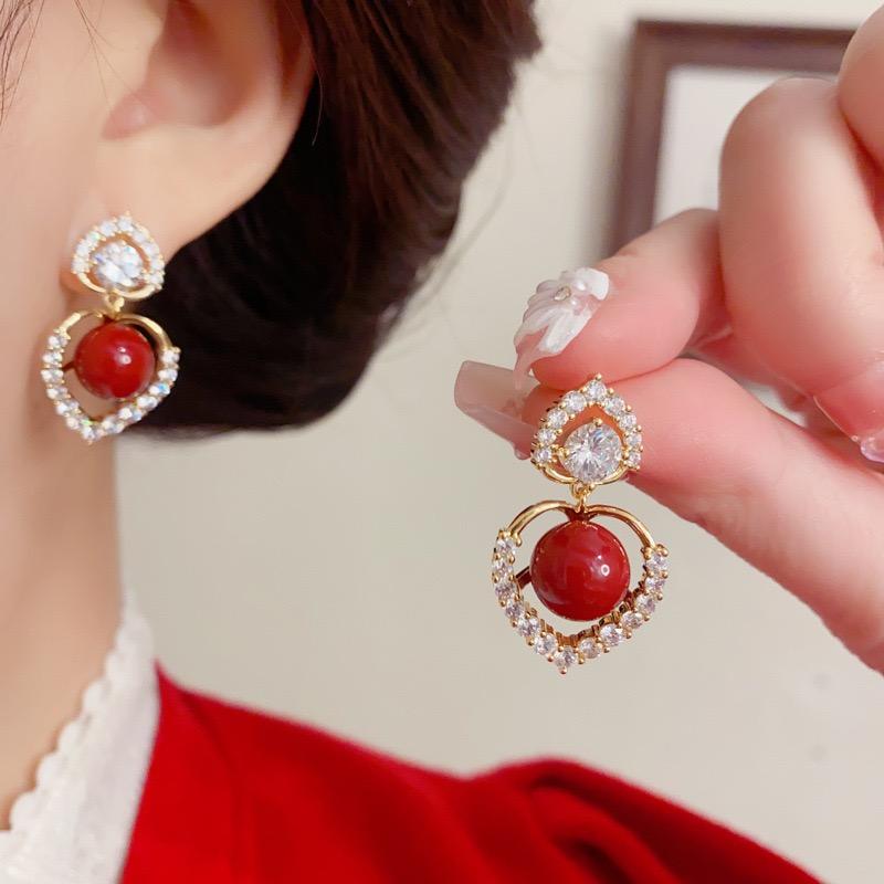 Crystal Heart Red Pearl Earrings