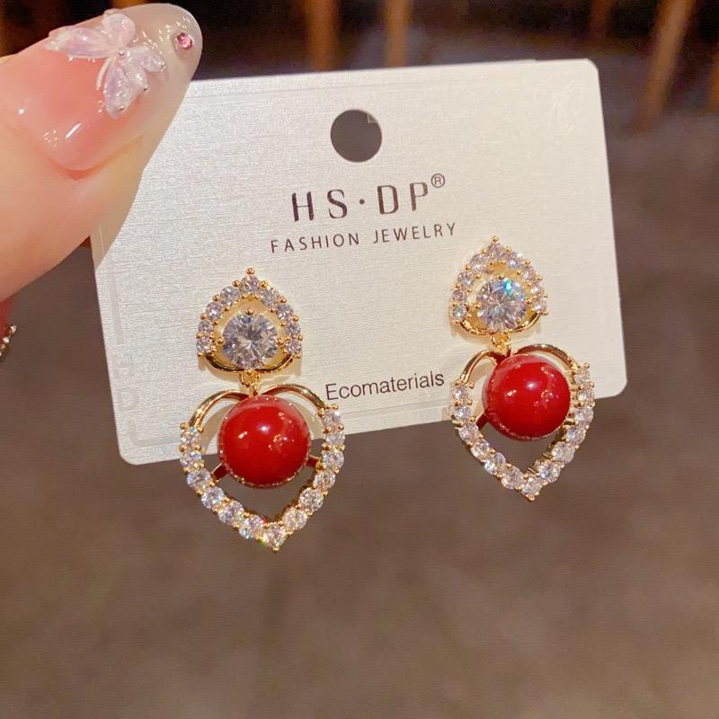 Crystal Heart Red Pearl Earrings