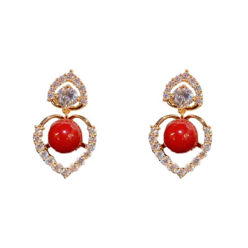 Crystal Heart Red Pearl Earrings