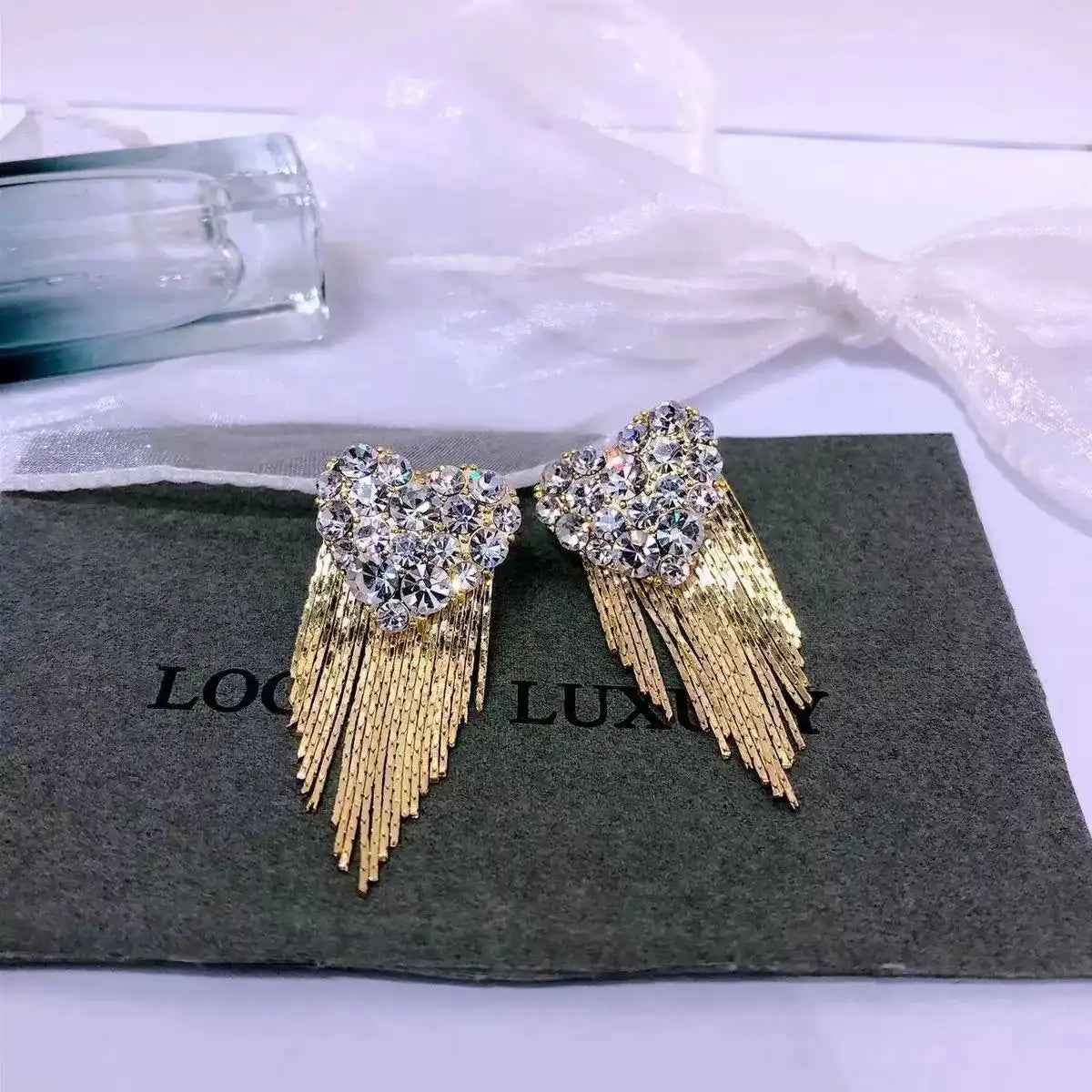 Crystal Heart Rhombus Tassel Drop Earrings