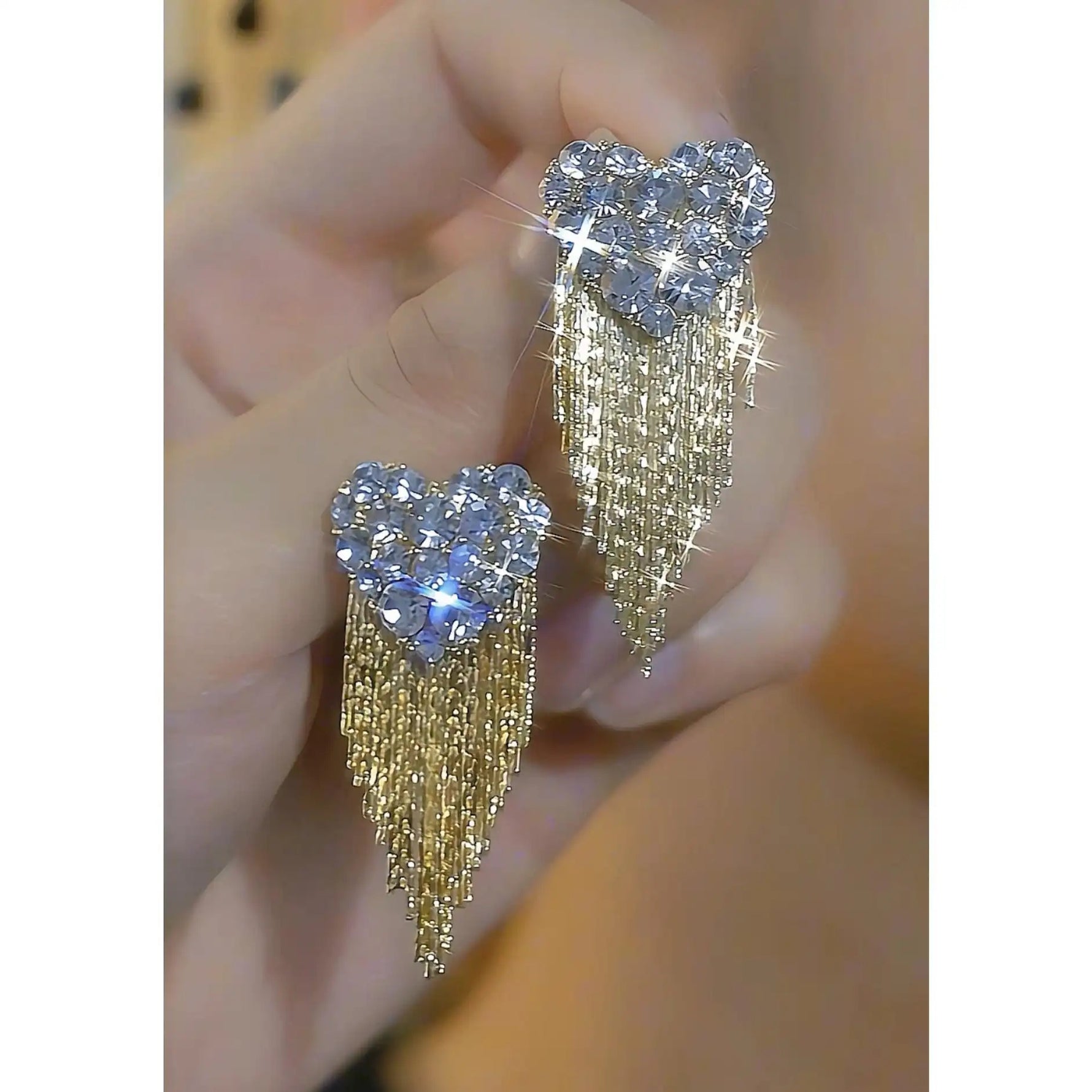 Crystal Heart Rhombus Tassel Drop Earrings