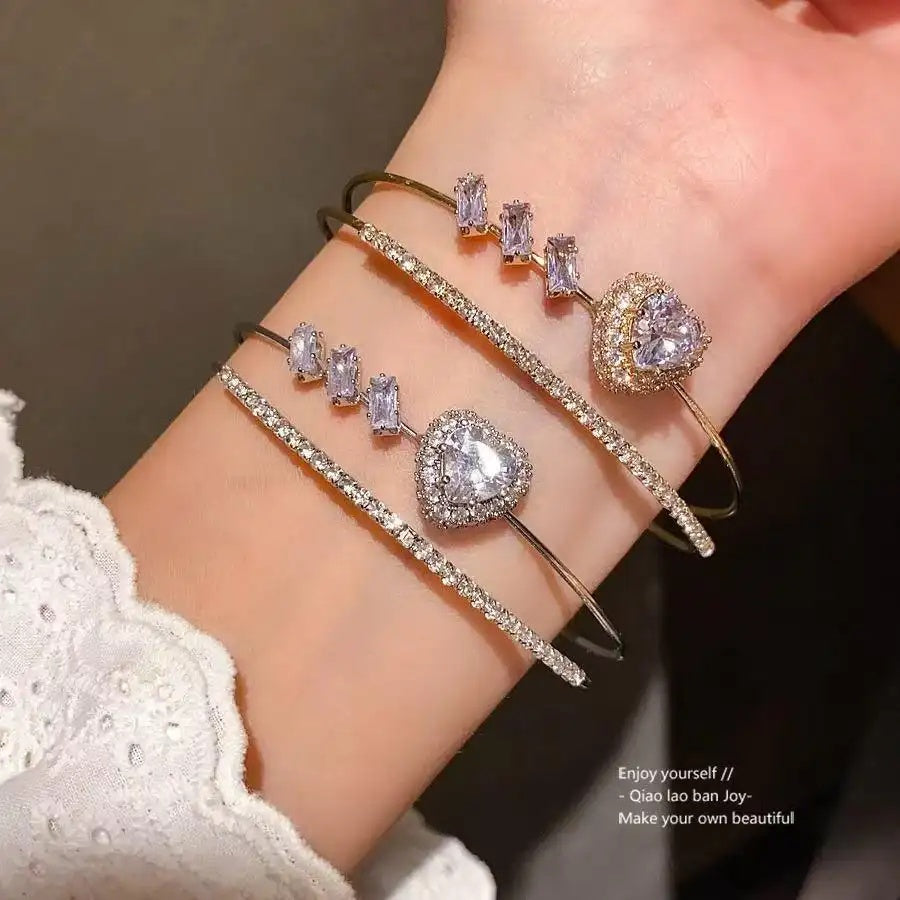 Crystal Heart Square Double-Layer Open Bracelet