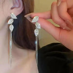 Crystal Leaf Long Two-Way Tassel Drop Earrings