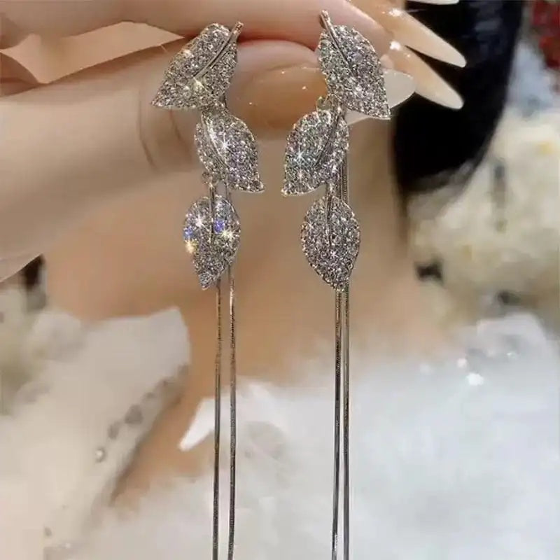 Crystal Leaf Long Two-Way Tassel Drop Earrings