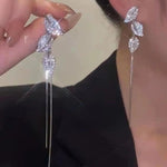Crystal Leaf Long Two-Way Tassel Drop Earrings