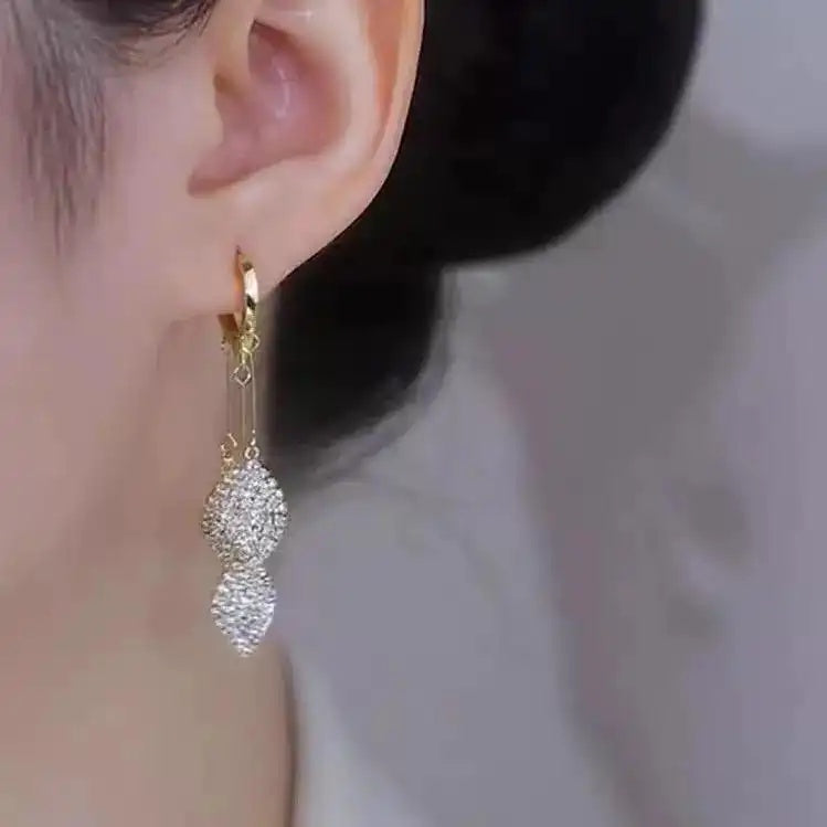 Crystal Leaf Tassel Long Ear Drop Earrings