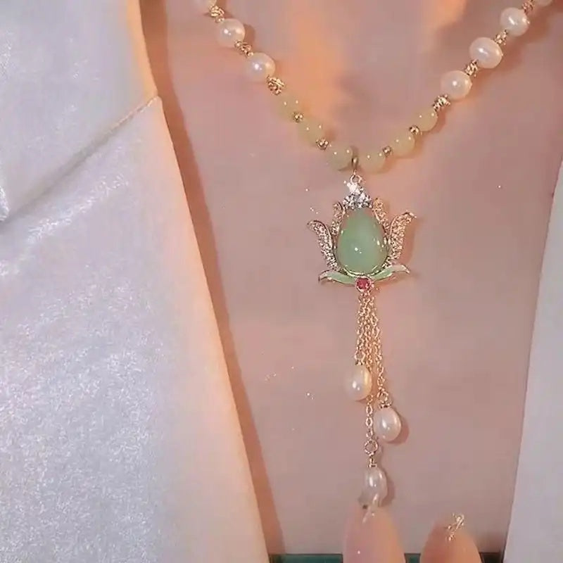 Crystal Lotus Pearl Necklace