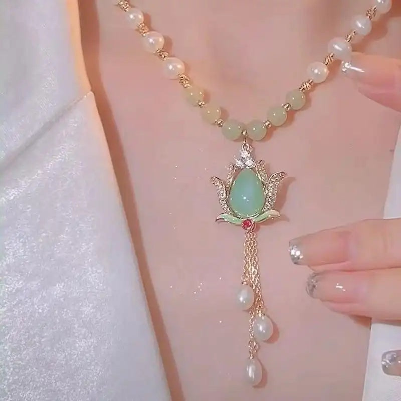 Crystal Lotus Pearl Necklace