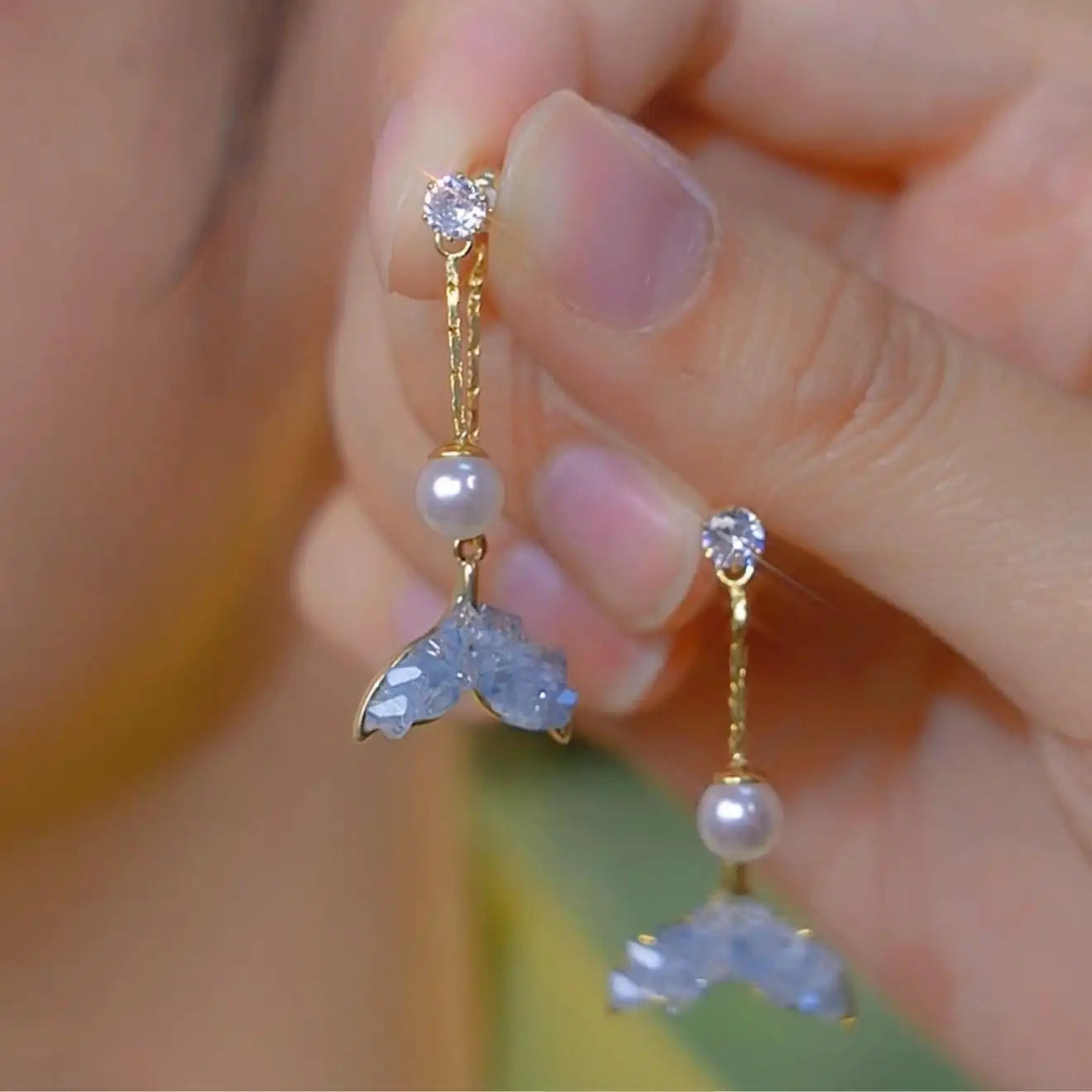 Crystal Mermaid Tail Medium Long Drop Earrings