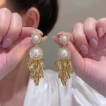 Crystal Pearl Wheat Tassel Drop Earrings