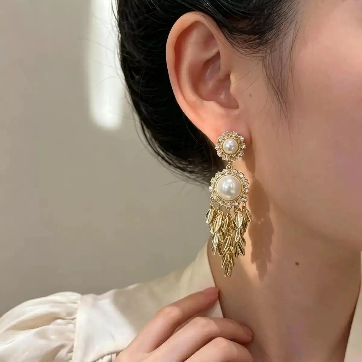 Crystal Pearl Wheat Tassel Drop Earrings
