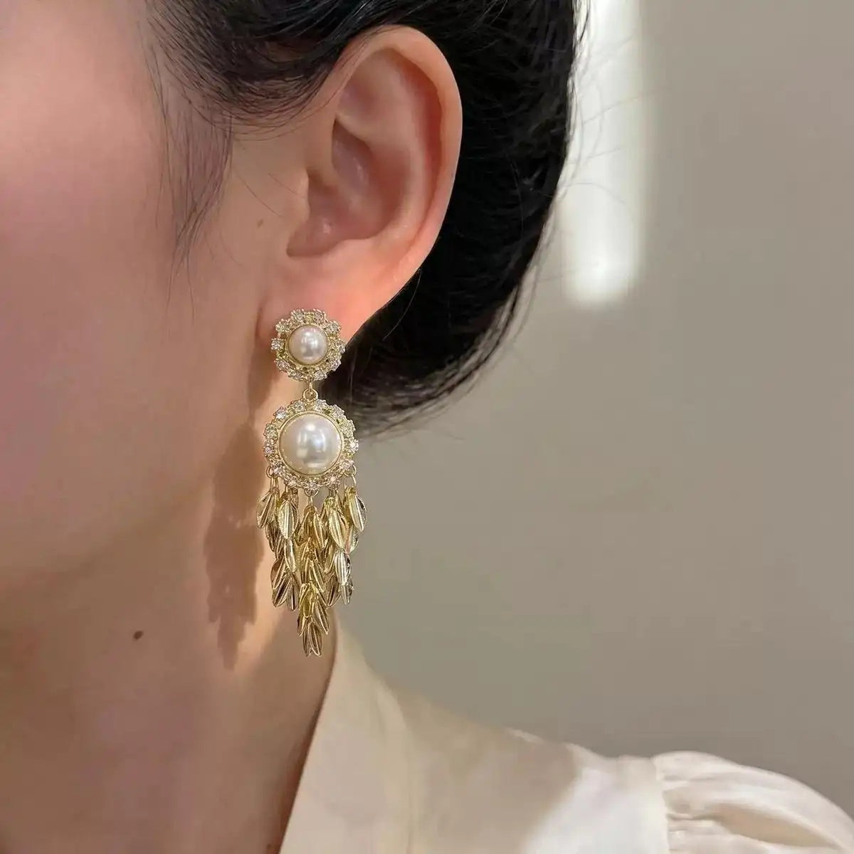 Crystal Pearl Wheat Tassel Drop Earrings