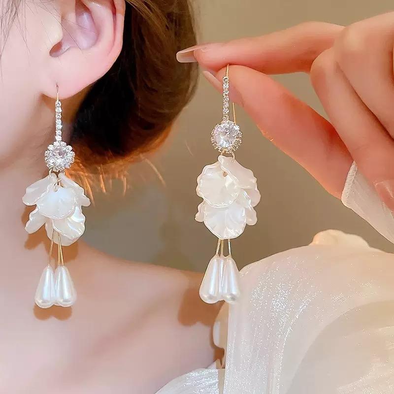Crystal Petal Tassel Drop Earrings