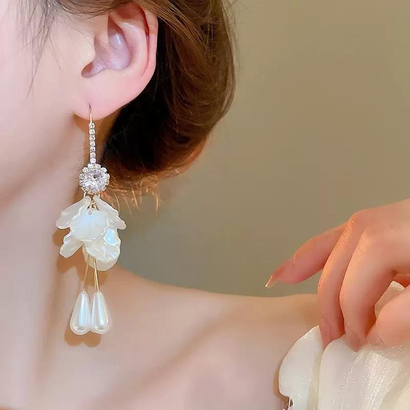 Crystal Petal Tassel Drop Earrings