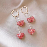 Crystal Pink Heart Tassel Drop Earrings