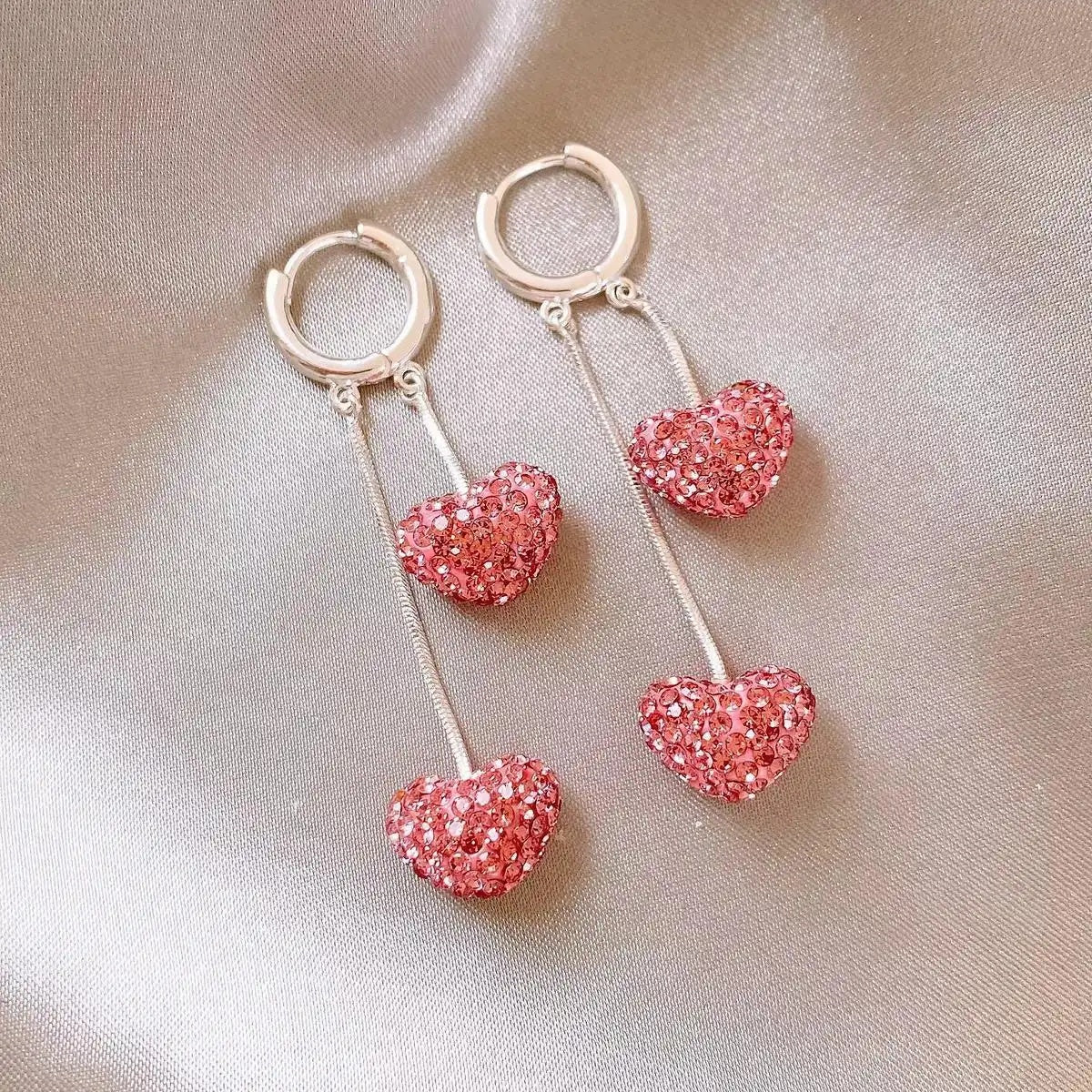 Crystal Pink Heart Tassel Drop Earrings