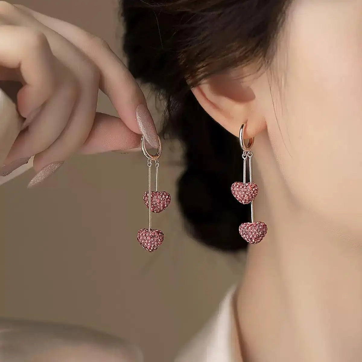 Crystal Pink Heart Tassel Drop Earrings
