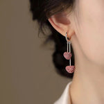 Crystal Pink Heart Tassel Drop Earrings