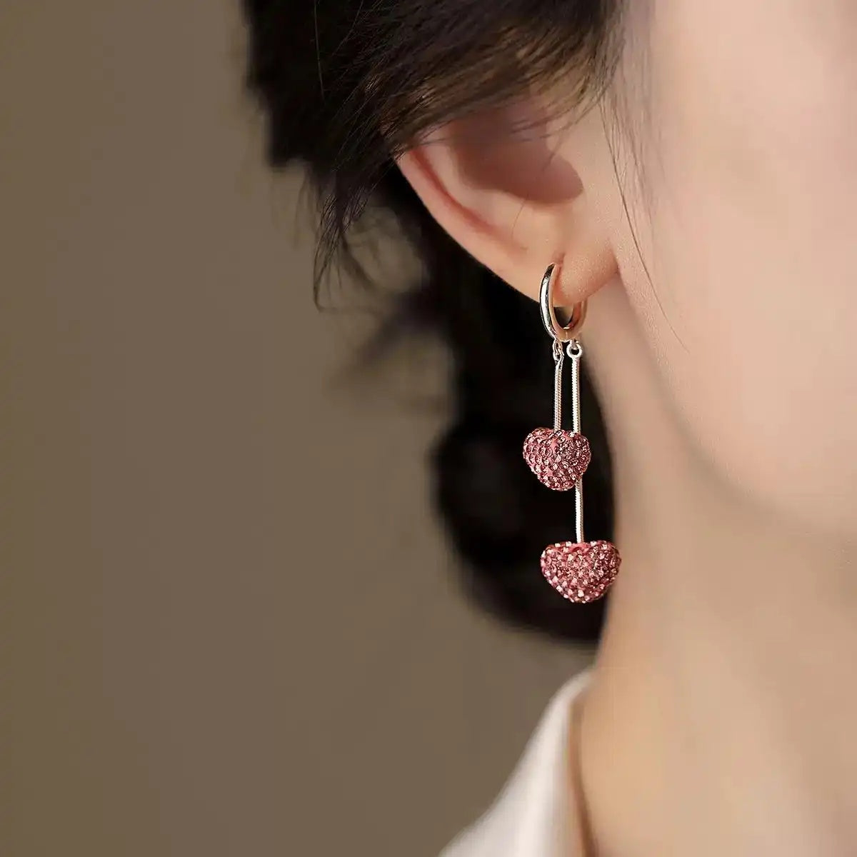 Crystal Pink Heart Tassel Drop Earrings