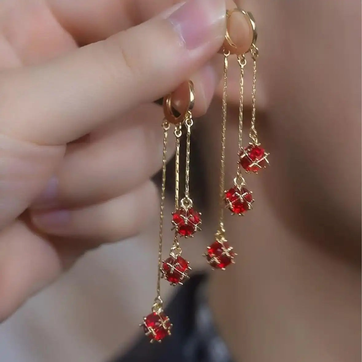 Crystal Red Ball Chain Tassel Drop Earrings