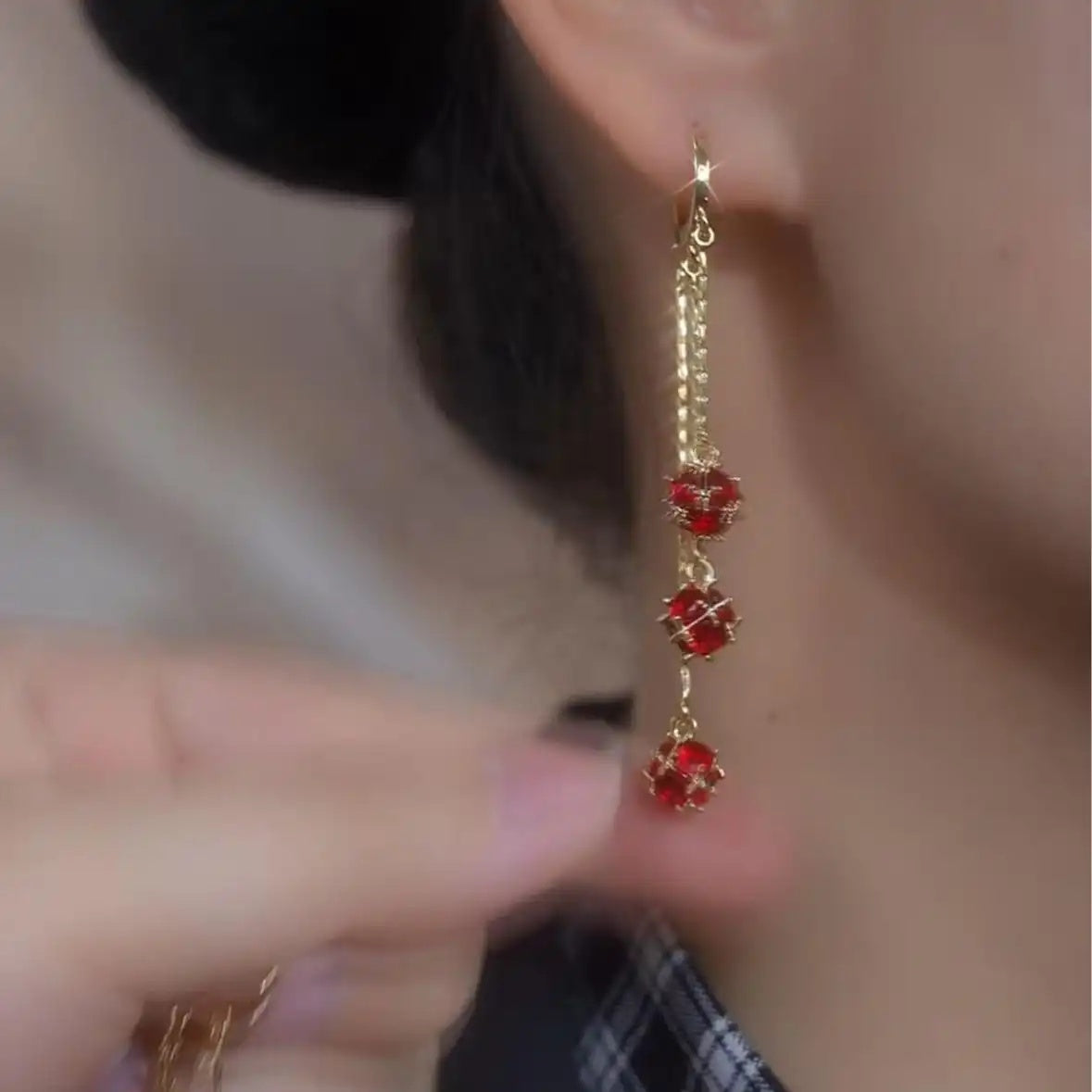 Crystal Red Ball Chain Tassel Drop Earrings