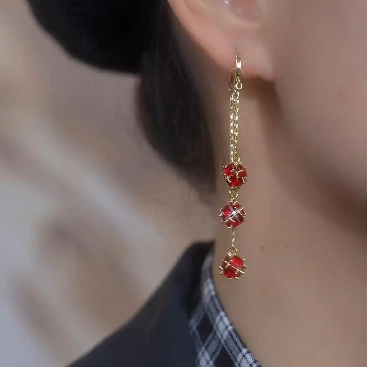 Crystal Red Ball Chain Tassel Drop Earrings